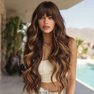 2025 mode nouveau 30 pouces marron faits saillants dames perruque-queue <span class=keywords><strong>de</strong></span> cheveux micro-bouclés naturellement soignée frange quotidienne et tarte SM451 - Product Image 2