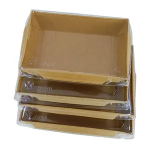 出厂价格一次性取出棕色牛皮纸包装食品盒面条水果饭盒带独立透明塑料盖