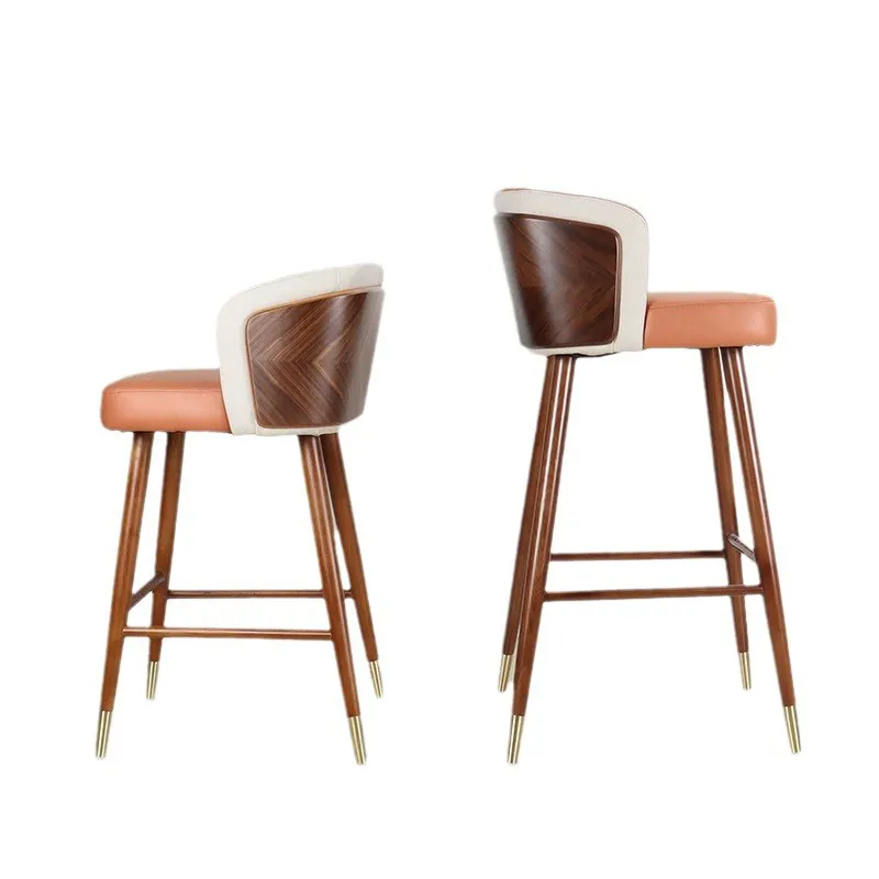 북유럽 디자인 호두 나무 바 의자 빈티지 인조 가죽 바 의자 카페 현대 레스토랑 의자