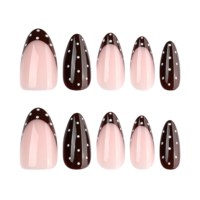 Kuku Palsu French Press Warna Cokelat Nude Almond Polka Dot Nail Art Glossy untuk Sehari-hari Kantor, Tip Manikur Minimalis 4540