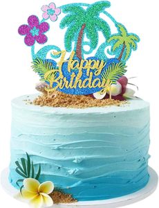 Décoration de gâteau Hawaïenne Joyeux Anniversaire avec Paillettes, Palmiers, Fleurs d'Été et Océan – Accessoires de Fête Thème Luau - Product Image 1