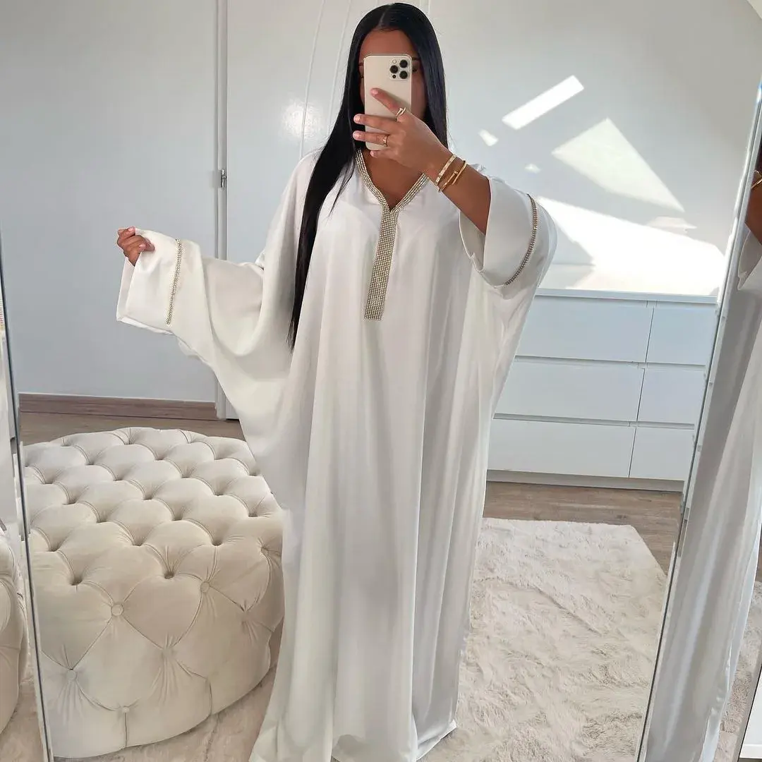 Eid Muslim Long Dress Women Bat Sleeve Abaya Satin Robe Diamond Party Abayas Ramadan V Neck Caftan Jalabiya 2023 Kaftan Dresses