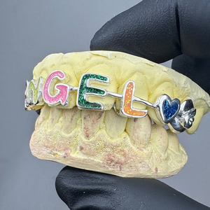 Lettres colorées paillettes opale filles Grillz visage ouvert avec des lettres femmes mignonnes <span class=keywords><strong>dent</strong></span> supérieure S925 <span class=keywords><strong>argent</strong></span> 10k 18k or dents Grillz - Product Image 2