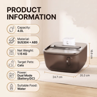 Fontaine à eau pour chat portable 4L en acier inoxydable solide, stérilisateur UV-C, batterie rechargeable sans fil, distributeur automatique pour animaux de compagnie