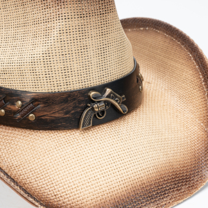 Sombrero de vaquero de paja de ala ancha con efecto desgastado y ombré, con remaches y banda de cuero cosida, ideal para viajes, pesca y actividades al aire libre. - Product Image 5
