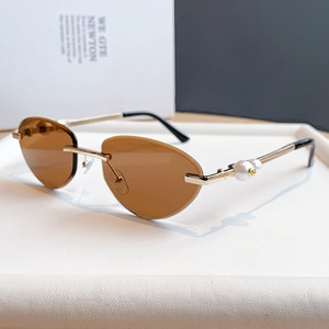 Rimless Cat Eye <b>Sunglasses</b> <b>Gradient</b> Purple Lens UV400 Women Elegant Sun Protection Metal Frame Pearl Detail - Product Image 2