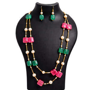 Ensemble de colliers géométriques en or plaqué 18 carats avec perles et opales colorées superposées pour femmes, bijoux de fête - Product Image 1