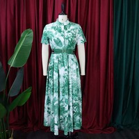 Robe décontractée mi-longue pour femme, style été européen et américain, à manches courtes, imprimé numérique floral, coupe trapèze, grande taille, avec ceinture