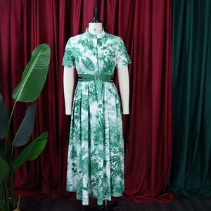 <span class=keywords><strong>Abito</strong></span> <span class=keywords><strong>Estivo</strong></span> Casual a Mezza Lunghezza Stile Europeo-Americano per Donne, Maniche Corte, Stampa Digitale Floreale, Linea ad A, Taglie Forti con Cintura - Product Image 5