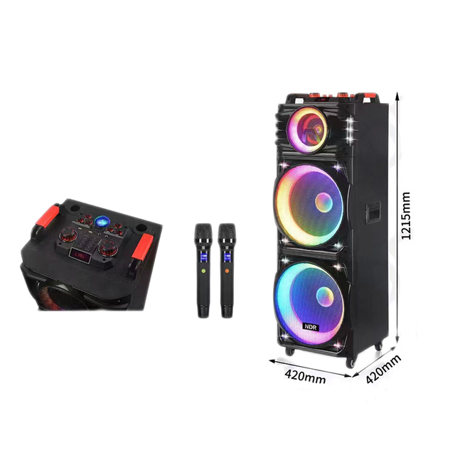 NDR-1526 Double 15 Inch Powerful Karaoke Speaker with Wireless Mic Wooden Active RGB Light BT Trolley Speaker for Outdoor Party