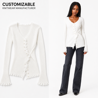 Cardigan en tricot côtelé en polyester personnalisé ODM, col en V, boutonnage simple, manches longues, pour femme, automne