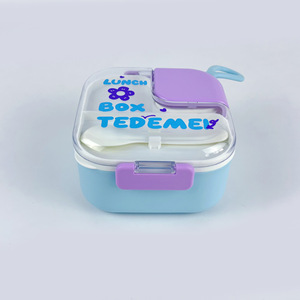 Boîte à <span class=keywords><strong>bento</strong></span> en plastique pour enfants avec compartiments, poignée de transport, couvercle transparent ; compatible micro-ondes ; motifs personnalisables pour le déjeuner - Product Image 1