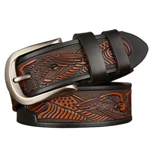 Ceinture en cuir de vachette véritable pour hommes gravée à boucle ardillon décontractée Offre Spéciale de haute qualité