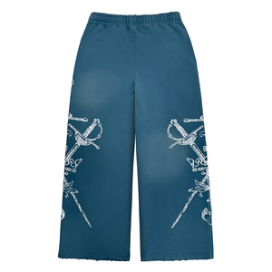 Pantalones de chándal de pierna ancha de alta calidad con estampado de plantas y espadas en azul gris vintage, con dobladillo deshilachado y desgastado, estilo streetwear para hombre - Product Image 2