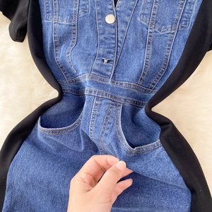 Nouvelle robe en jean patchwork à col rond et manches courtes, mode décontractée pour femmes - Product Image 3