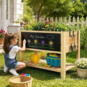 Children Wooden Garden Bed With Chalkboard Storage <b>Shelf</b> <b>Pine</b> Planting Box For Kids Outdoor Gardening Set - Product Image 3