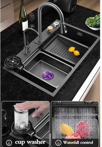 VORIVA Fregadero de Cocina de Acero Negro Grande, <span class=keywords><strong>Grifo</strong></span> de <span class=keywords><strong>Cascada</strong></span>, Tazón Único, <span class=keywords><strong>Lavabo</strong></span> de Cocina para Lavado de Verduras - Product Image 3