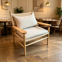 Fauteuil de loisirs en rotin et bois massif, chaise d'appoint en cannage tressé à la main avec coussin pour salon, balcon, salle de séjour