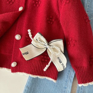 2025 primavera nuova ragazza 2 pezzi vestito rosso a maglia Cardigan moda Denim <span class=keywords><strong>pantaloni</strong></span> e vestito per le ragazze - Product Image 3