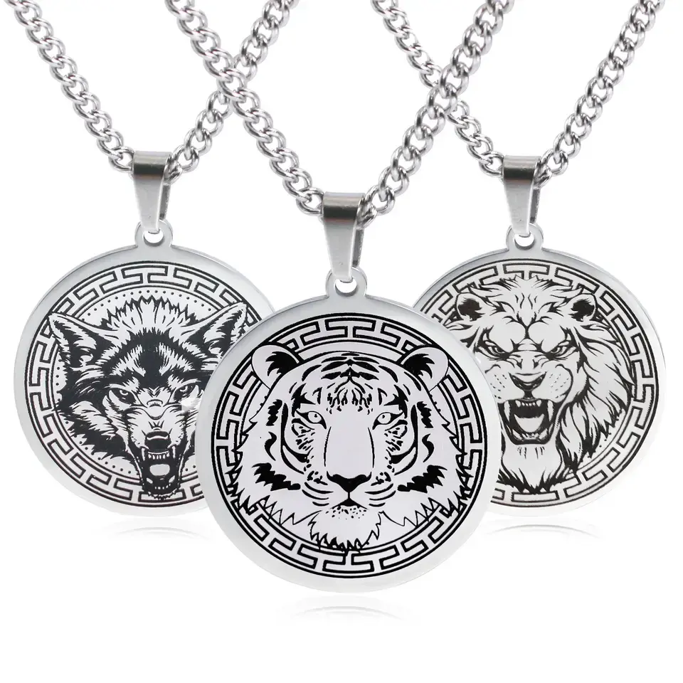 Hot Selling Men's Stainless Steel Punk Style Hip Hop Chain Tiger Lion Wolf Bear Animal Round Pendant Necklace