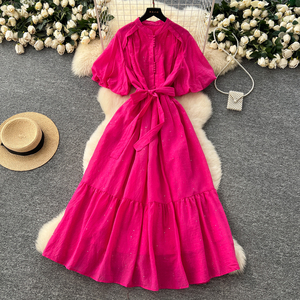 Ladies <strong>Clothes</strong> Stand Collar Puff Sleeve Tie-Waist <strong>Glitter</strong> Dress With Ruffle Hem - Women'S Sparkly Casual Women'S Dresses - Product Image 2