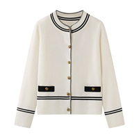 Nouvelle veste en tricot pour femme automne, bordure rayée, boutons dorés, avec poches, cardigan court amincissant à ouverture frontale 15a-4040