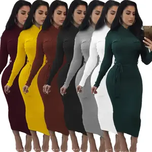 New fashion winter dress autumn elegant bandage long sleeve midi long dress comfortable O-neck thick long sweater dress clothing