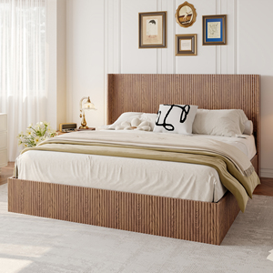 Grande plateforme <span class=keywords><strong>de</strong></span> <span class=keywords><strong>lit</strong></span> contemporaine à rainures ondulées avec rangement intégré, <span class=keywords><strong>en</strong></span> <span class=keywords><strong>bois</strong></span> naturel, taille King, sans sommier à ressorts - Product Image 2
