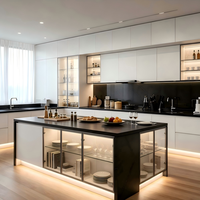 Meuble de cuisine moderne en bois massif avec porte en verre, évier en quartz, four encastré et tiroir, style villa italienne, blanc laiteux