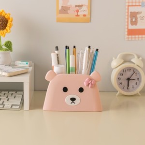 Cute Bear Pen Holder Desktop Stationery Storage Box Double Compartment White And Pink For Office School Use - Product Image 4