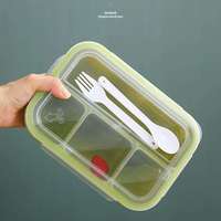 Kotak Makan Siang Minimalis Bergaya Jepang, Plastik, Aman untuk Microwave, Bersekat Tiga, Kapasitas 1450ml, Tutup Plastik