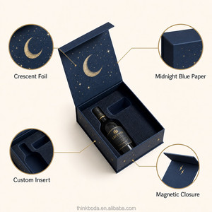 Caja de Regalo para Vino Azul Marino Personalizada Profesional con Luna y Estrellas Doradas, Tapa con Bisagras, Inserto Acanalado, Empaque Individual para Botella, Oferta Especial - Product Image 4