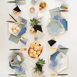 Prato de jantar em papel dourado azul com tinta, guardanapo descartável, utensílios de mesa estilo carimbo, utensílios descartáveis para festas A191