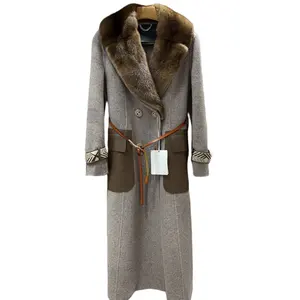 2023 Elegant Luxury Mink Fur Collar Women Long Cashmere Wool Coat 100% Real Wool And Mink Fur