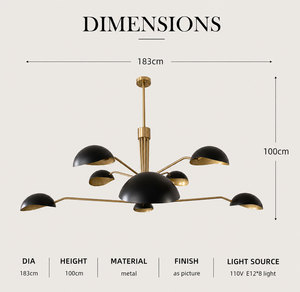 Lustre en métal multi-branques pour la décoration intérieure, abat-jour noir mat, support en laiton, luminaire suspendu pour salon et salle à manger - Product Image 3