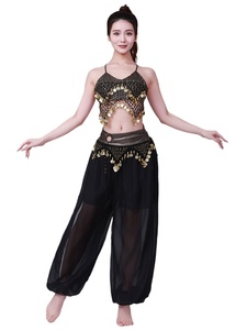 Ensemble pantalon et haut à bretelles sexy en <span class=keywords><strong>crochet</strong></span> fait main avec pompons et pièces de monnaie dorées pour femmes, tenue de danse orientale et costumes de scène - Product Image 2