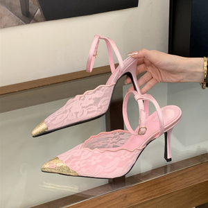 Sandales à talons pour femme, escarpins à bout pointu en dentelle, talons aiguilles, bout doré métallique, bride cheville, pour soirée et mariage - Product Image 4