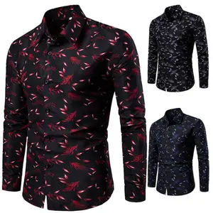 Chemises Habillées Modernes pour Hommes à Col Rabattu, Décontractées à Manches Longues, Imprimé Feuille, Ajustées, pour Affaires et Événements Sociaux - Product Image 1