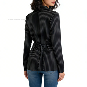 Women's Striped Wrap Front Blouse Long Sleeve Collared Shirt With Back Tie Detail Casual Office <b>Top</b> Fashion - Product Image 3
