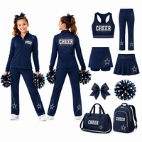 Setelan Pemanasan Cheer Custom Biru Dongker dengan Logo Berhias Rhinestone di Kedua Sisi, Jaket Full Zip, Celana Straight Leg, Set Latihan Tim
