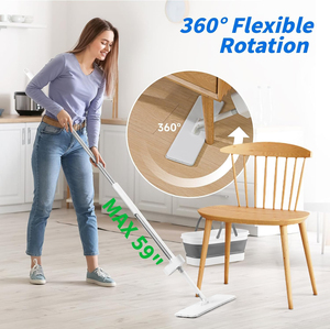 Ensemble <span class=keywords><strong>de</strong></span> nettoyage <span class=keywords><strong>de</strong></span> sol avec balai plat télescopique en acier inoxydable CF, 2 tampons en microfibre lavables, type push-pull, seau pliable - Product Image 3