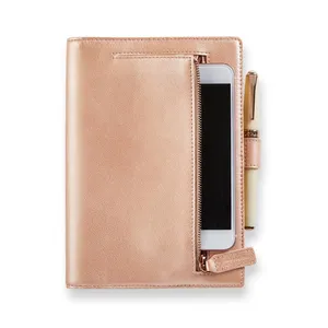 Rose gold leather notebook A5 journal handmade hard cover with zip phone pocket