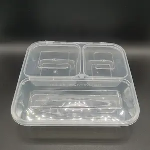 Custom Take Away Lunch Box Disposable Clear Food Plastic 3 Division Portion Compartment Container With Hinged Lid