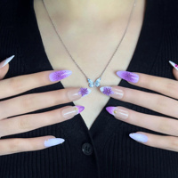 Faux ongles à presser dégradé violet taro, fleurs 3D, perles dorées, éclats d'étoiles, French, peints à la main, forme amande, acrylique moyen, 10 pièces, vente en gros