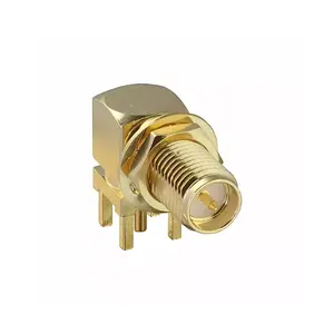 CONREVSMA002-L-G RP-SMA Connector Receptacle Male Pin 50 Ohms Panel Mount Through Hole Right Angle Solder CONREVSMA002LG
