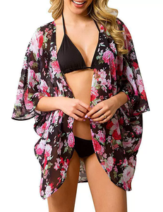 <span class=keywords><strong>Kimono</strong></span> <span class=keywords><strong>cardigan</strong></span> en mousseline de soie respirante à fleurs pour femmes, vêtements de plage d'été avec manches chauve-souris - Product Image 4