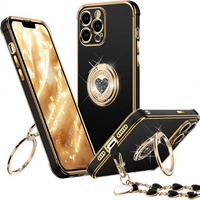 Étui en TPU XYZ pour 13 Pro Max avec béquille double anneau, motif cœur, luxe et brillant pour femmes et filles - Noir