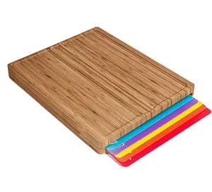 Ensemble de grande planche à découper en bois de bambou de haute qualité avec 6 tapis de découpe flexibles avec icônes alimentaires