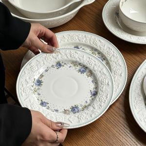 French Style Porcelain Tableware Plant Embossed Floral Heavy Coffee <b>Cups</b> <b>Saucers</b> Dessert Plates Microwave Dishwasher Safe Light - Product Image 4
