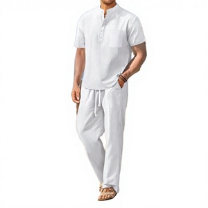 Ensemble 2 pièces pour homme, t-shirt à manches courtes en coton et lin, tricoté, respirant, décontracté, pour l'été, tendance - Product Image 3